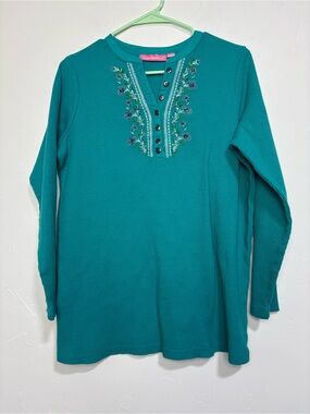 Woman Within Teal Waffle Knit Embroidered Henley Button Top Long Sleeve M 14/16